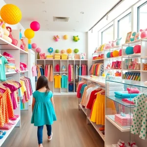Vibrant children's boutique showcasing colorful apparel and gift items.