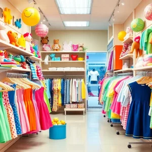 Interior view of Littles of Raleigh children's boutique with various children's apparel displayed.