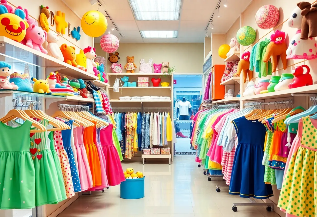 Interior view of Littles of Raleigh children's boutique with various children's apparel displayed.