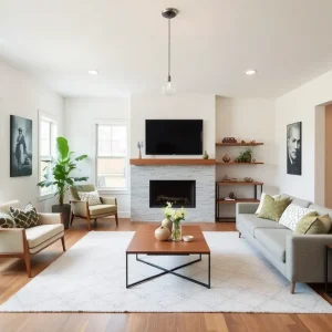 A stylish living room in a Raleigh NC home filled with natural light and contemporary furniture.