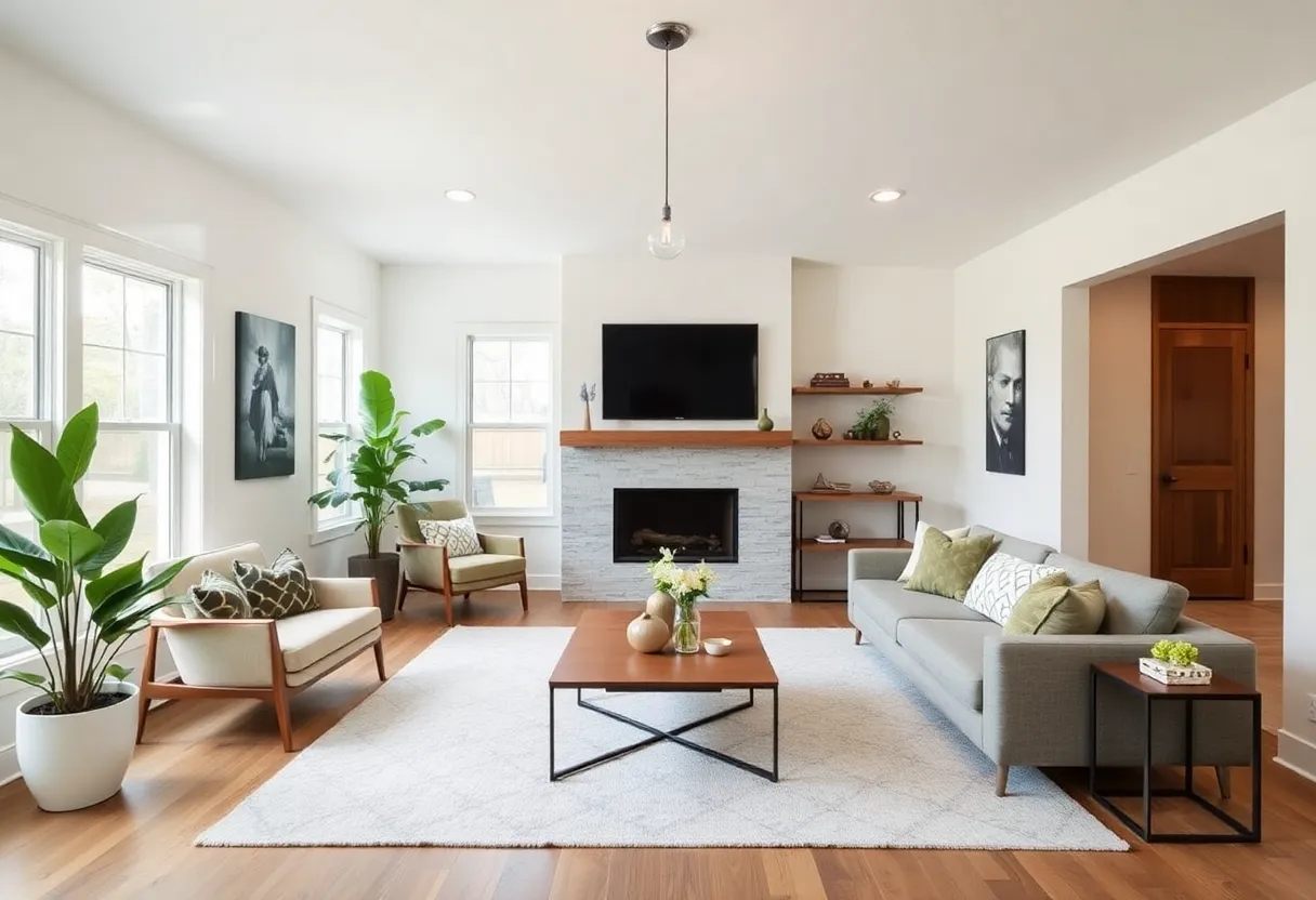 A stylish living room in a Raleigh NC home filled with natural light and contemporary furniture.