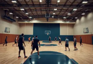 Players practicing basketball at the N.C. State Dail Basketball Center