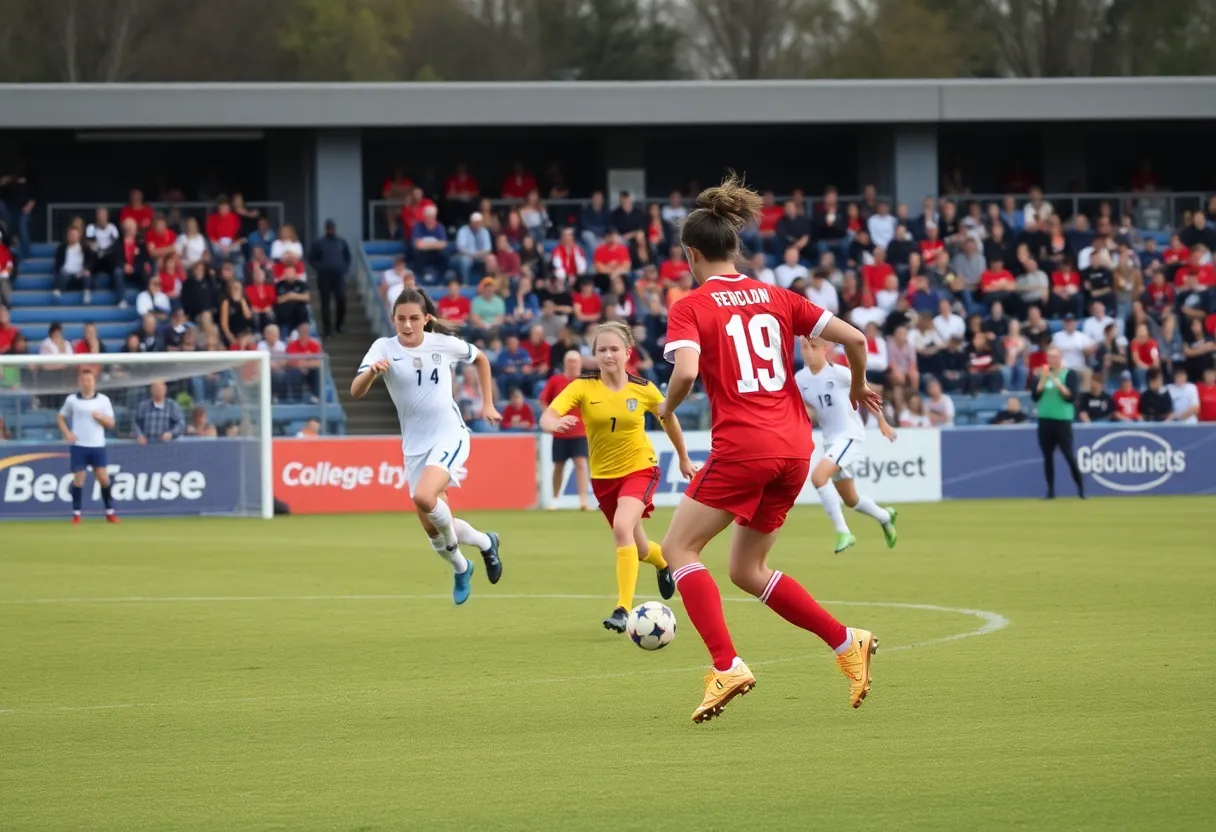 Players from NC State in action during a soccer match at Dail Soccer Stadium.