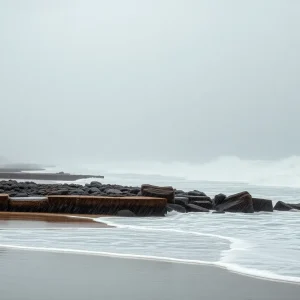 Stormy weather along the North Carolina coast with heavy rain and waves.