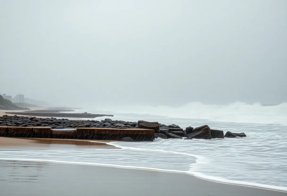 Stormy weather along the North Carolina coast with heavy rain and waves.