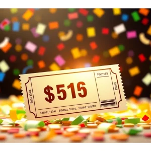 Illustration of a lottery ticket and cash with colorful confetti.