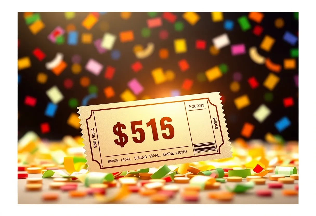 Illustration of a lottery ticket and cash with colorful confetti.