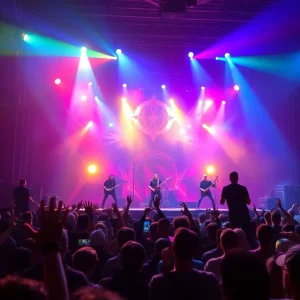 Vibrant concert scene with audience and stage lights