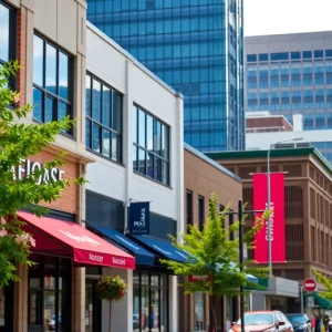 Cityscape of Raleigh with local businesses