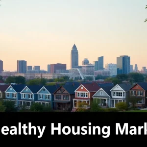 City skyline of Raleigh with houses and people outside, illustrating the housing market.