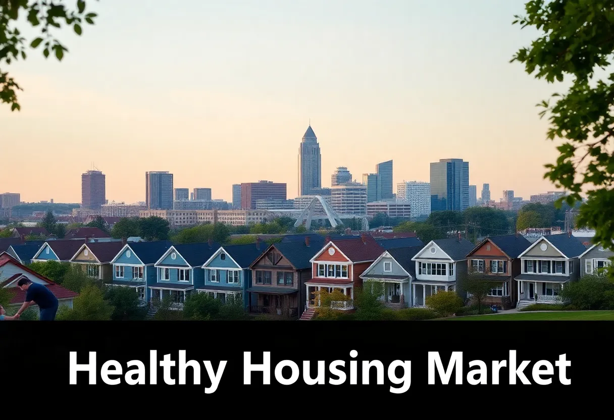 City skyline of Raleigh with houses and people outside, illustrating the housing market.