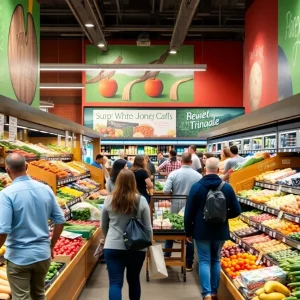 Grocery store interior showing new renovations and customers shopping.