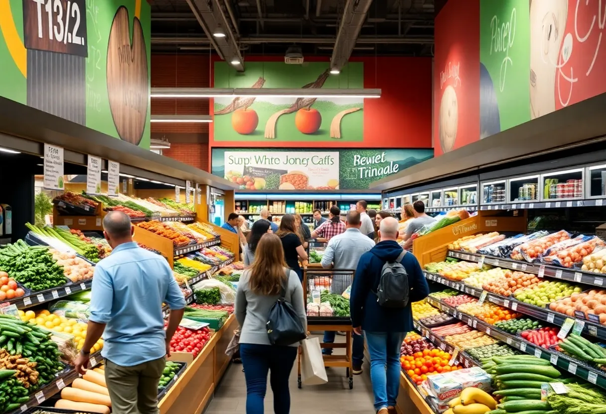 Grocery store interior showing new renovations and customers shopping.
