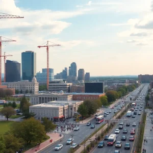 City skyline of Raleigh with construction cranes and parks