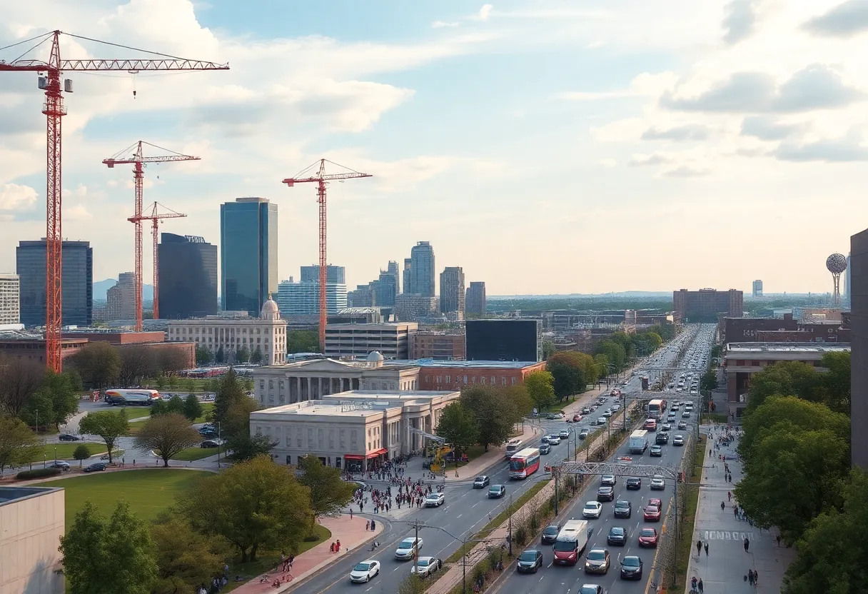City skyline of Raleigh with construction cranes and parks