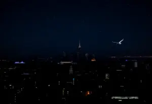 Dark cityscape of Raleigh with lights turned off, showing migrating birds