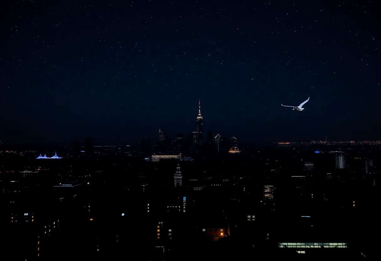 Dark cityscape of Raleigh with lights turned off, showing migrating birds