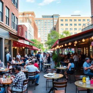 Dining scene with patrons enjoying meals at outdoor restaurants in Raleigh