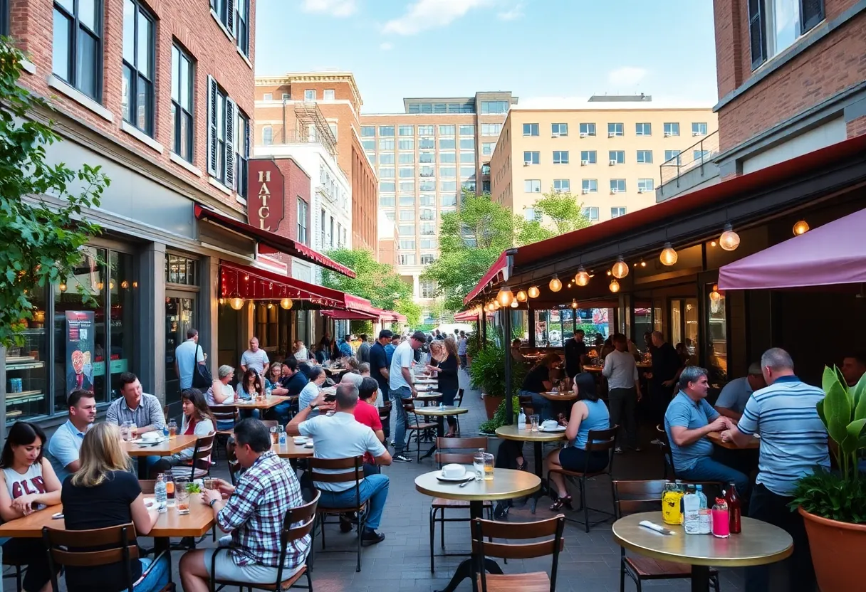 Dining scene with patrons enjoying meals at outdoor restaurants in Raleigh