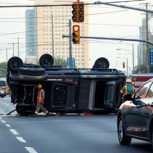 Flipped vehicle with emergency crews at the scene of the traffic accident in Raleigh