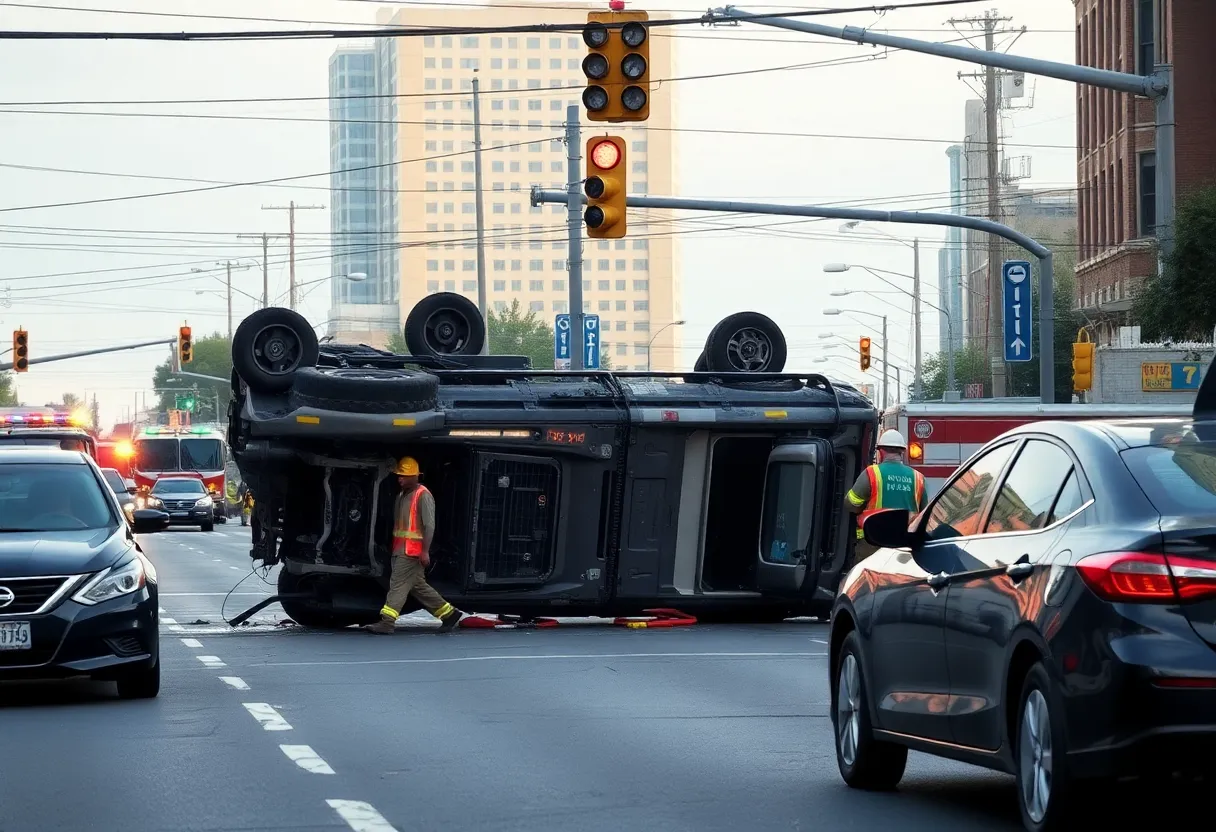 Flipped vehicle with emergency crews at the scene of the traffic accident in Raleigh