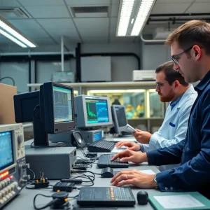 Engineers in a high-tech lab with oscilloscopes and testing systems