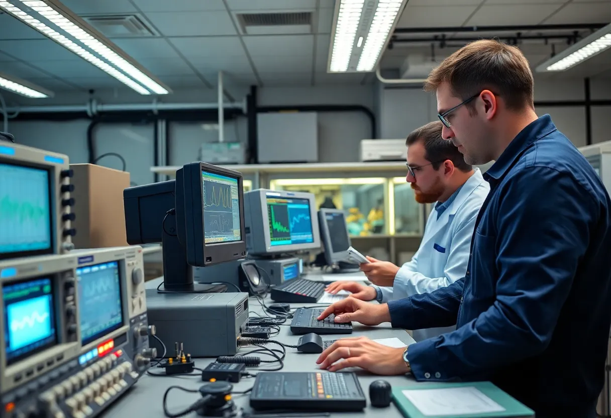 Engineers in a high-tech lab with oscilloscopes and testing systems