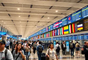 Bustling scene at RDU Airport highlighting diverse travel options.