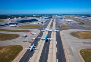 Aerial view of Raleigh-Durham International Airport with planes and modern facilities