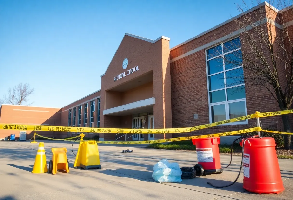 Caution signs and cleanup efforts at Riverside University High School after a chemical spill.
