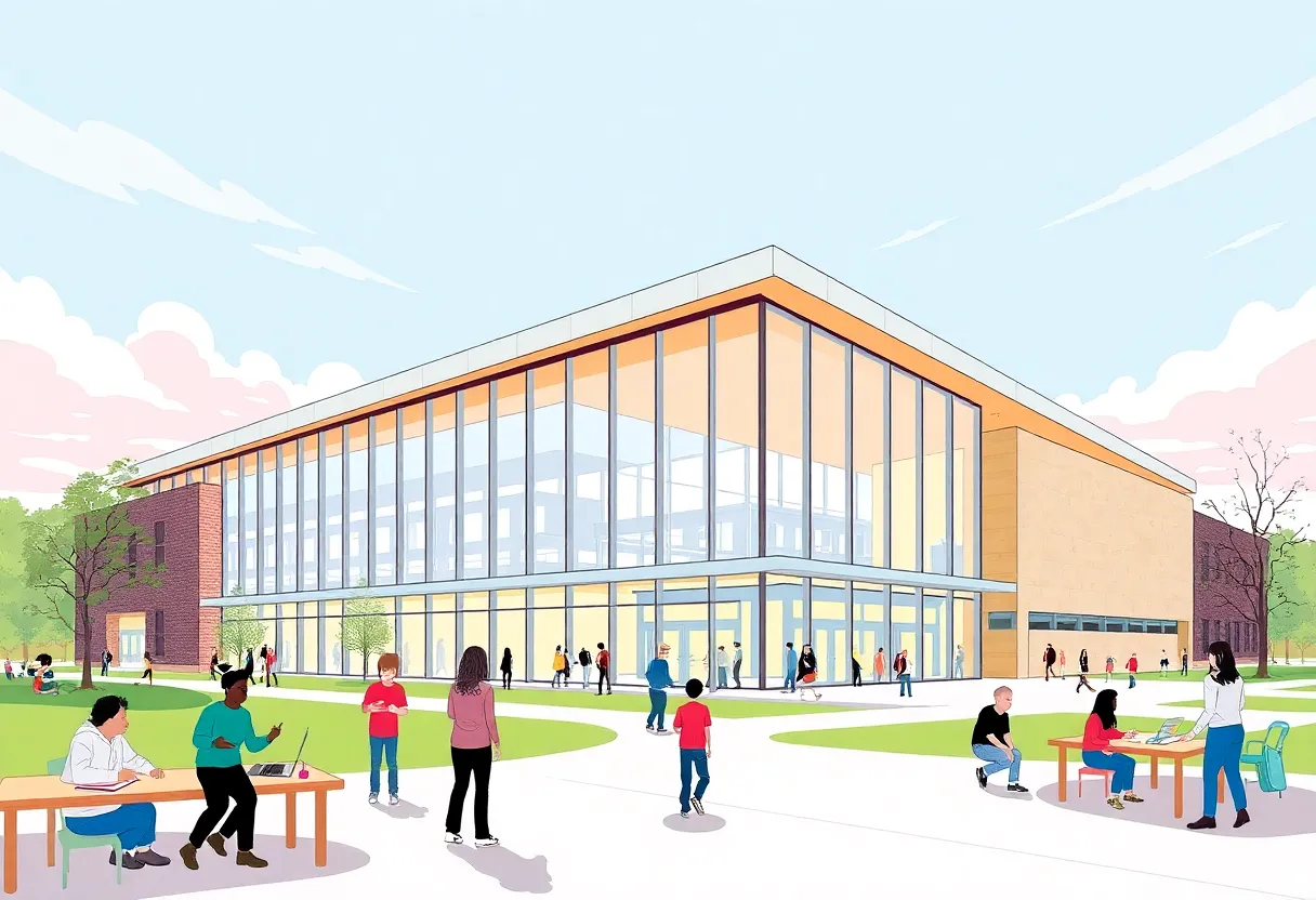 Artist's rendering of the future campus of Robbinsdale Area Schools with modern facilities.