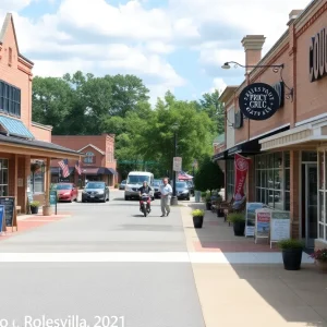 Exterior view of Rolesville Town Center with shops and signage.