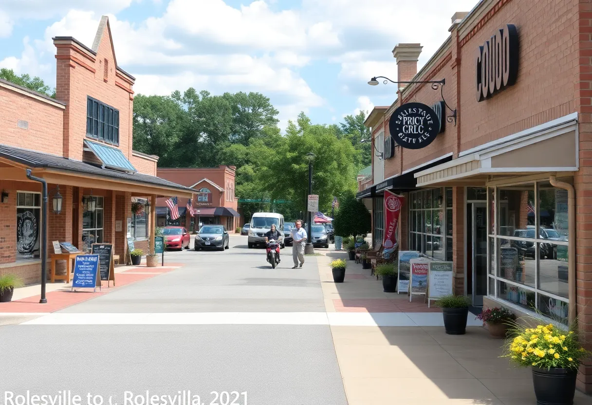 Exterior view of Rolesville Town Center with shops and signage.