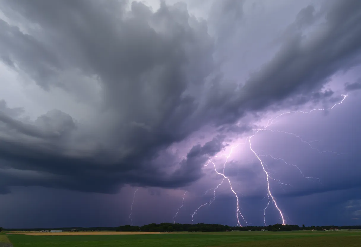 Dark thunderclouds with lightning over North Carolina landscape