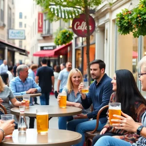 Outdoor social district in Raleigh with people dining and sipping drinks.