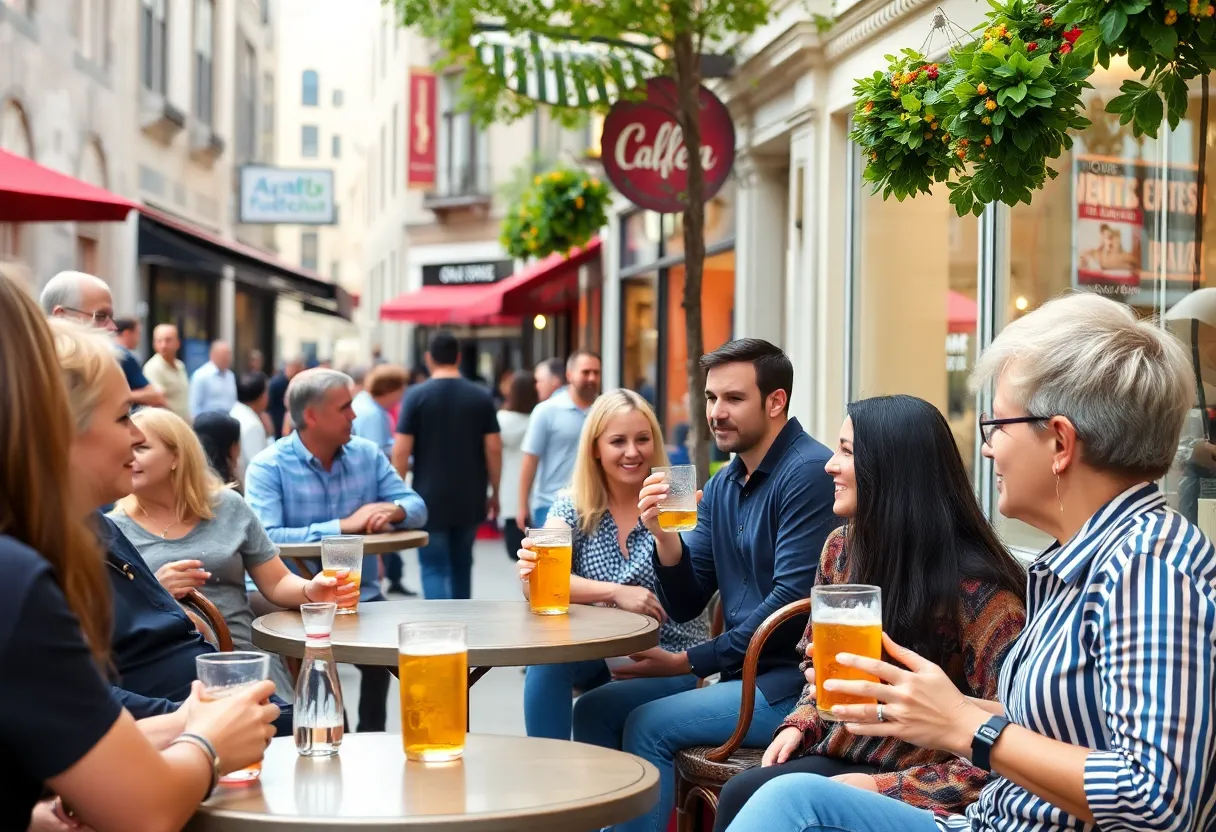 Outdoor social district in Raleigh with people dining and sipping drinks.