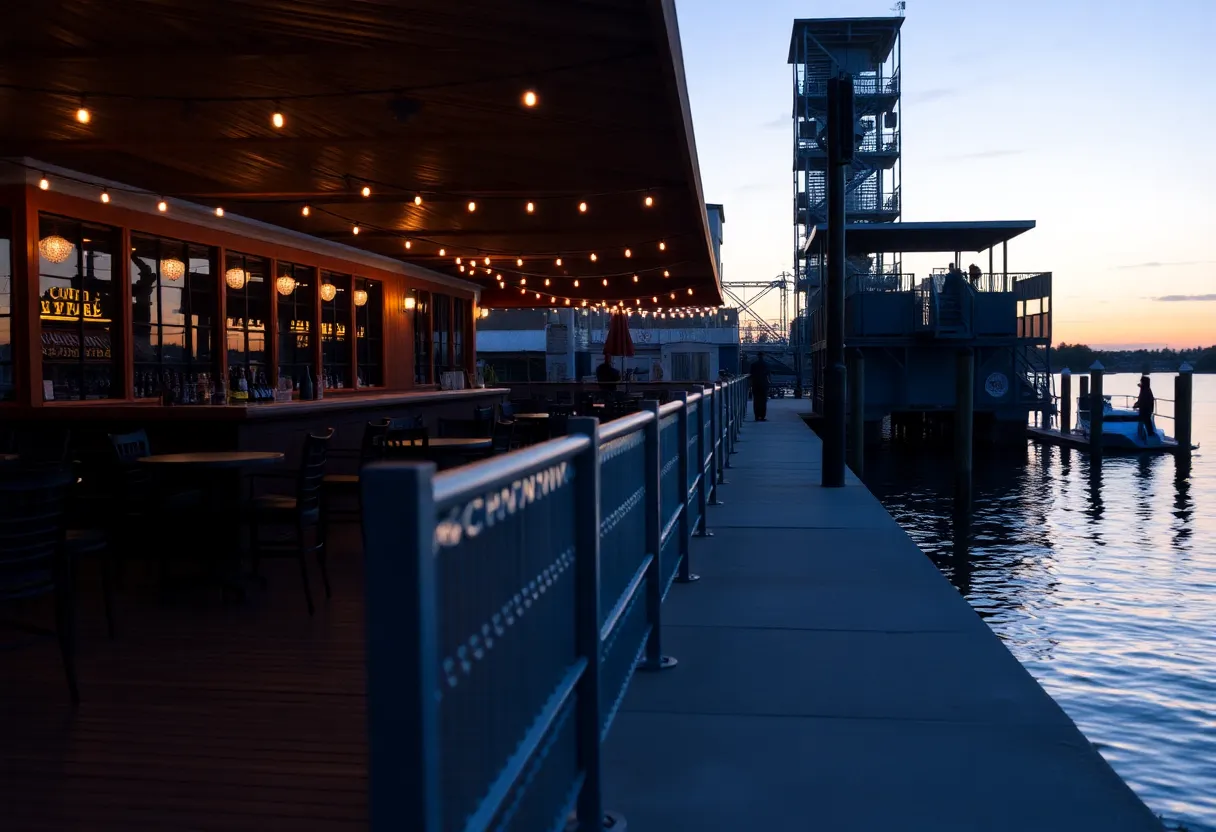 Empty waterfront bar scene at dusk along Cape Fear River