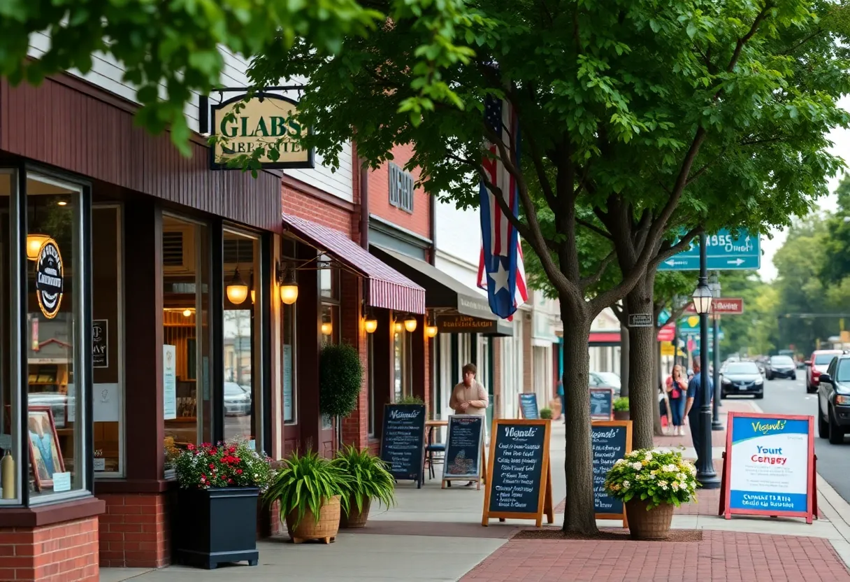 A lively shopping street with small businesses in North Carolina