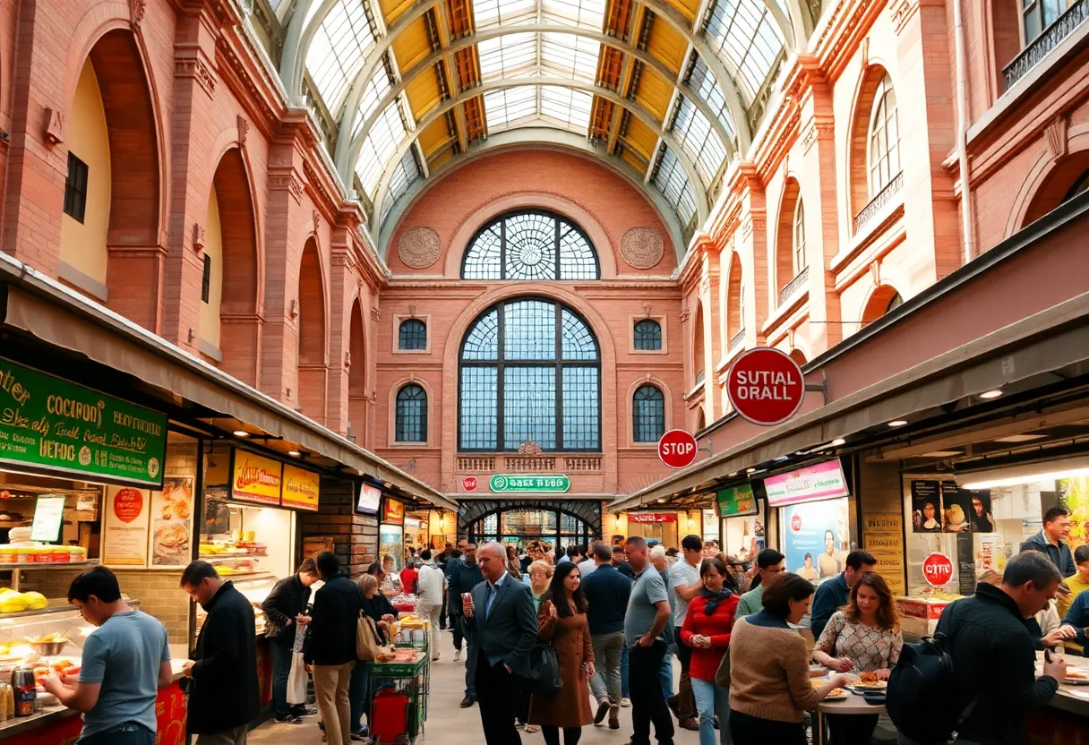 Exterior view of the Transfer Co. Food Hall in Raleigh, showcasing its unique architecture and vibrant atmosphere.