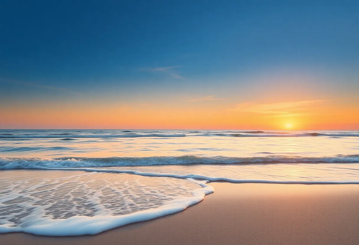 A tranquil beach setting at sunset, representing remembrance.