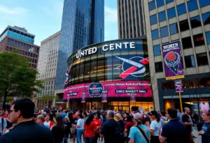 Chicago skyline with United Center hosting WNBA event