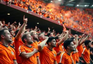 Soccer fans in orange gear cheering at the stadium
