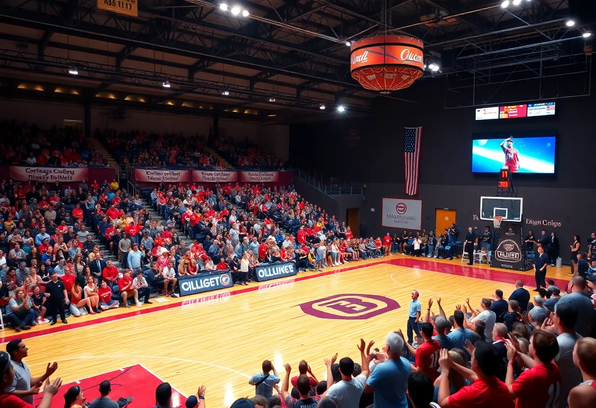 Crowd cheering at a college basketball commitment event
