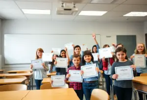 Students celebrating their Blue Ribbon achievement in a classroom setting.
