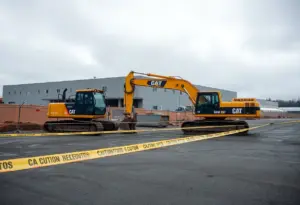 Overview of an empty construction site with heavy machinery and caution tape.