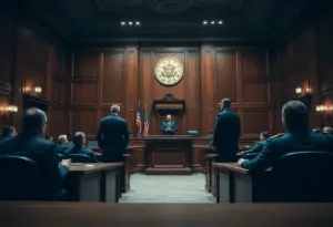 Courtroom setting representing a police misconduct trial