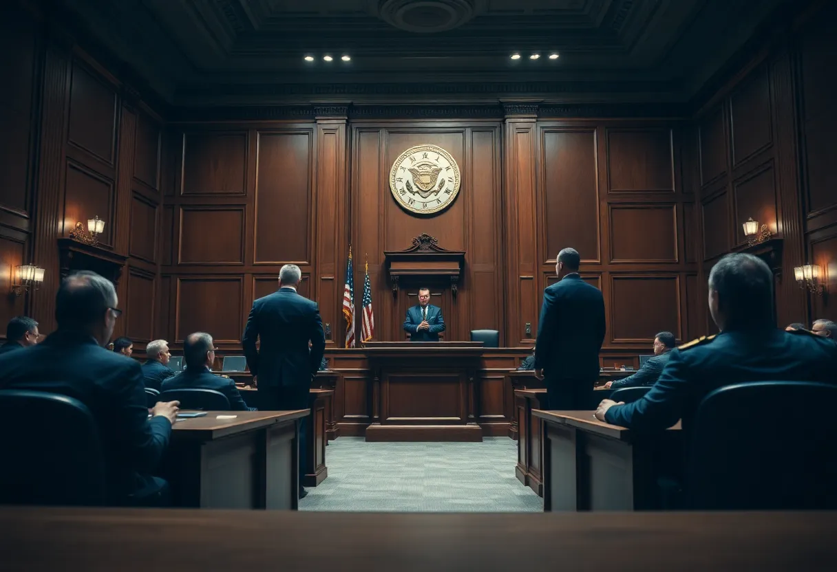 Courtroom setting representing a police misconduct trial