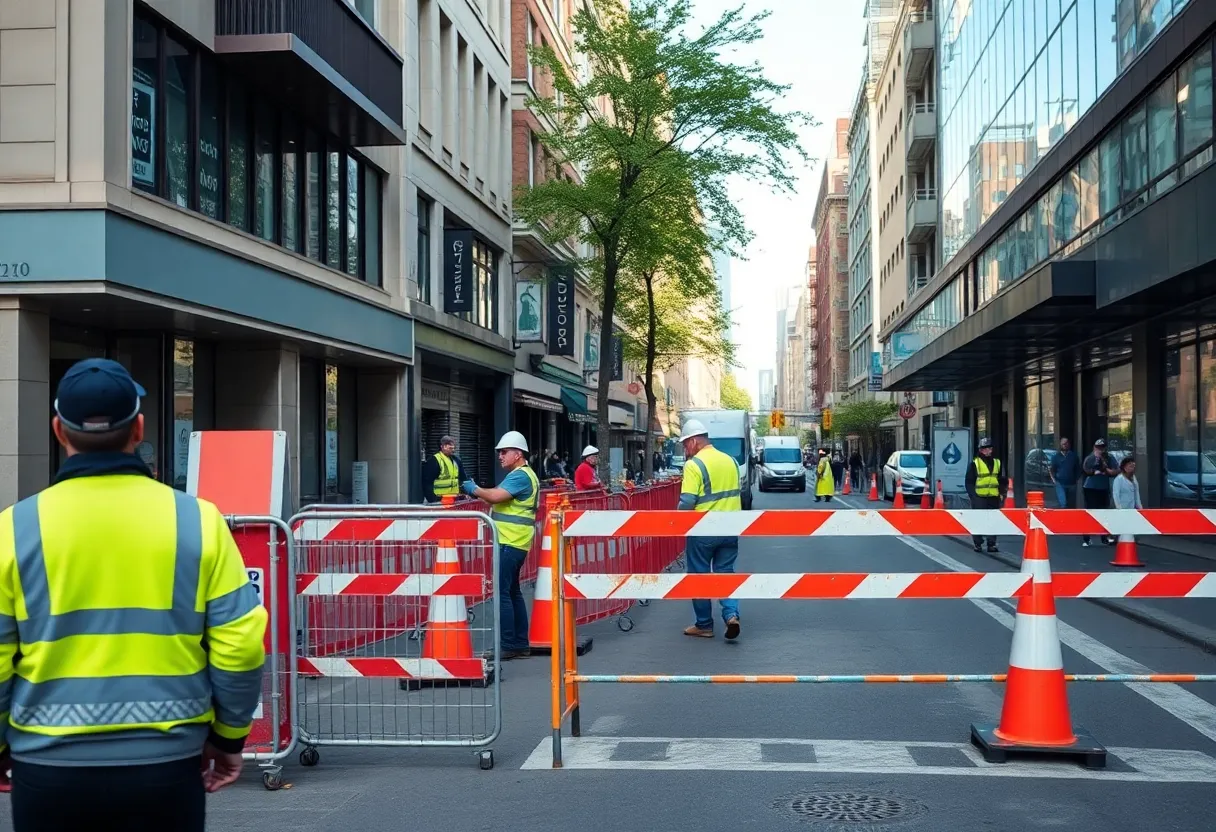 Construction barriers on Decatur Street affecting local businesses.