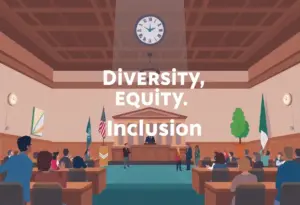 Illustration of rebranding DEI initiatives in Raleigh with a legislative backdrop