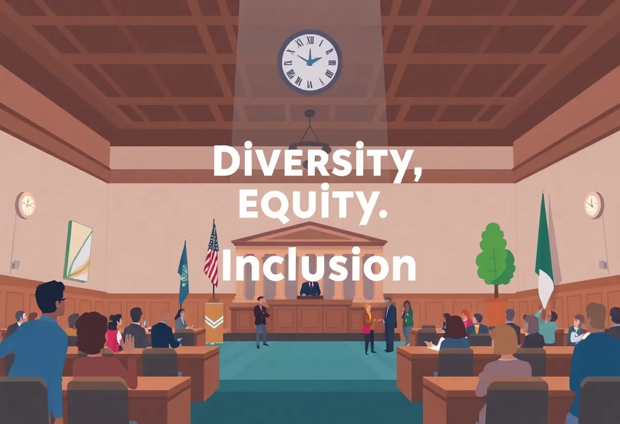 Illustration of rebranding DEI initiatives in Raleigh with a legislative backdrop